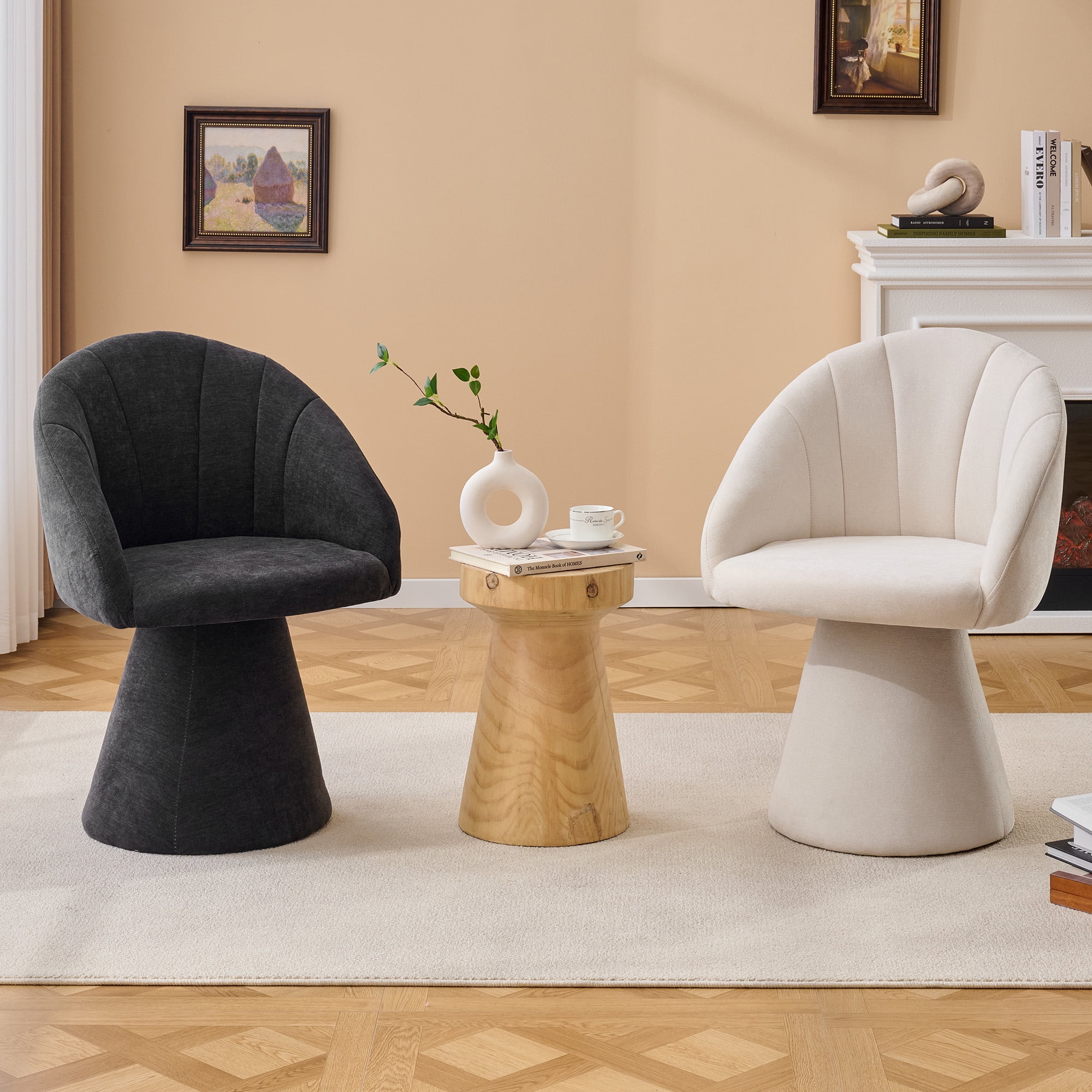 Swivel Accent Armchair with Chenille Fabric, Comfy Vanity Chair with Curved Backrest, Upholstered Dining Chair for Living Room, 360° Swivel, Beige