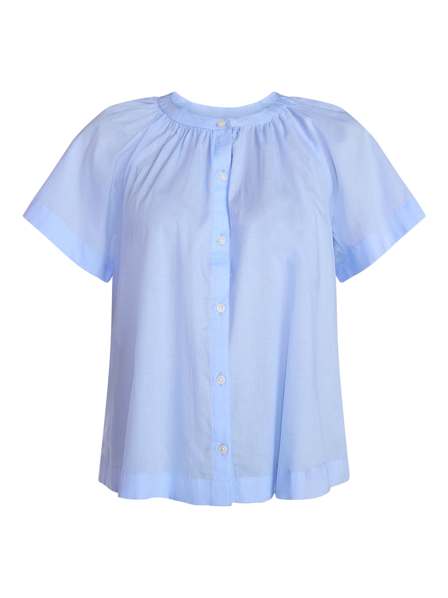 Time and Tru Women's Cotton Button Up Blouse with Short Sleeves, Sizes XS-XXXL
