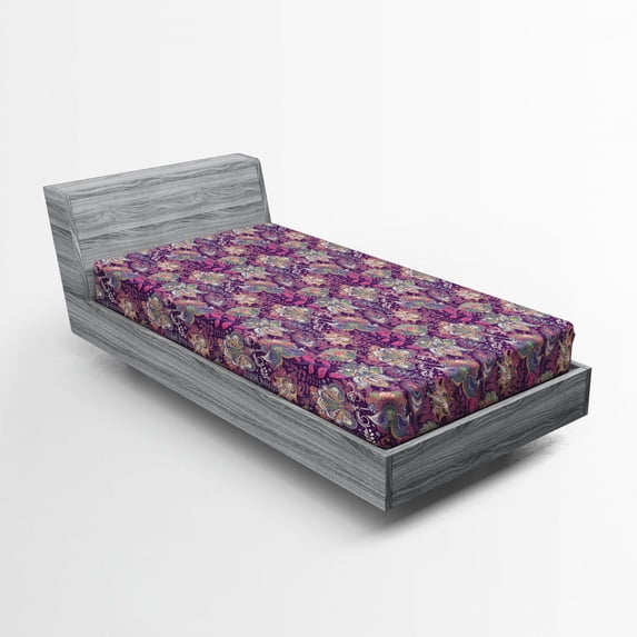 Ambesonne Floral Fitted Sheet, Flowers and Mandala Art, Twin Size, Mauve Green