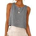 thumbnail image 6 of Plaid Tank Tops for Women Linen Look Round Neck Cropped Sleeveless Shirt Lightweight Boho Casual Beach Vacation Summer Tanks with Ornamental Button Black L, 6 of 9