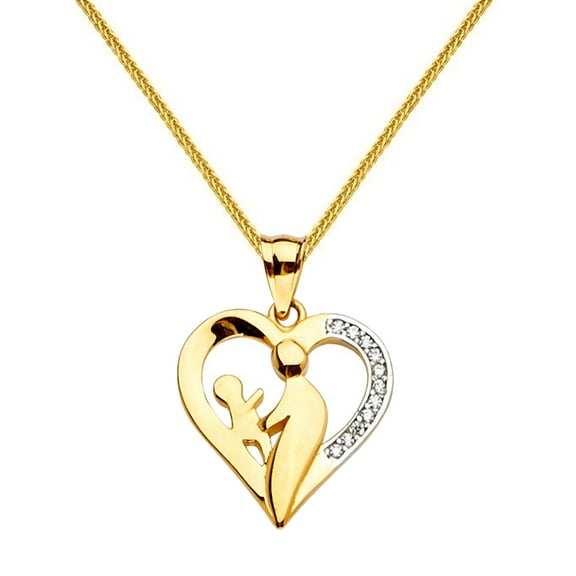 Precious Stars 14K Yellow Gold Cubic Zirconia Heart Shaped Mother and Child Pendant with 16" Chain Necklace