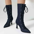 thumbnail image 2 of YLYL Women's Denim Mid Calf Boots Kitten Heels Pointed Toe Lace up Fashion Party Prom Dress Boots, 2 of 8