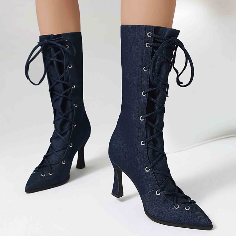 Ylyl Women's Denim Mid Calf Boots Pointed Toe Lace up Fashion Kitten Heels Cowgirl Party Prom Dress Boots, Adult Unisex, Size: 6.5, Black Ylyl Women's Denim Mid Calf Boots Pointed Toe Lace up Fashion Kitten Heels Cowgirl Party Prom Dress Boots, Adult Unisex, Size: 6.5, Black