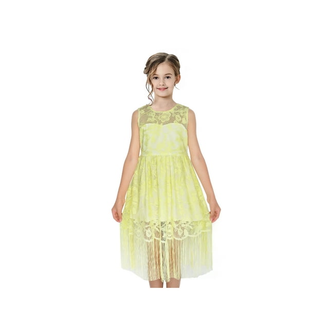 Robe Fille Jaune Flapper Vintage Années 1920 Dentelle à Pompons 7 Ans