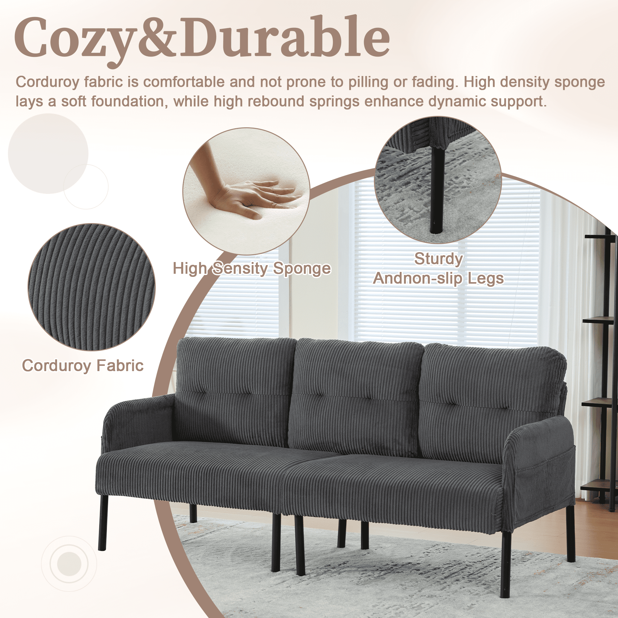 Jopath Oversized Loveseat, Double-Seater Sofa Cozy Bedroom Sofa with Metal Legs and Side Pockets for Living Room Bedroom Dorm Apartment Carbon Gray