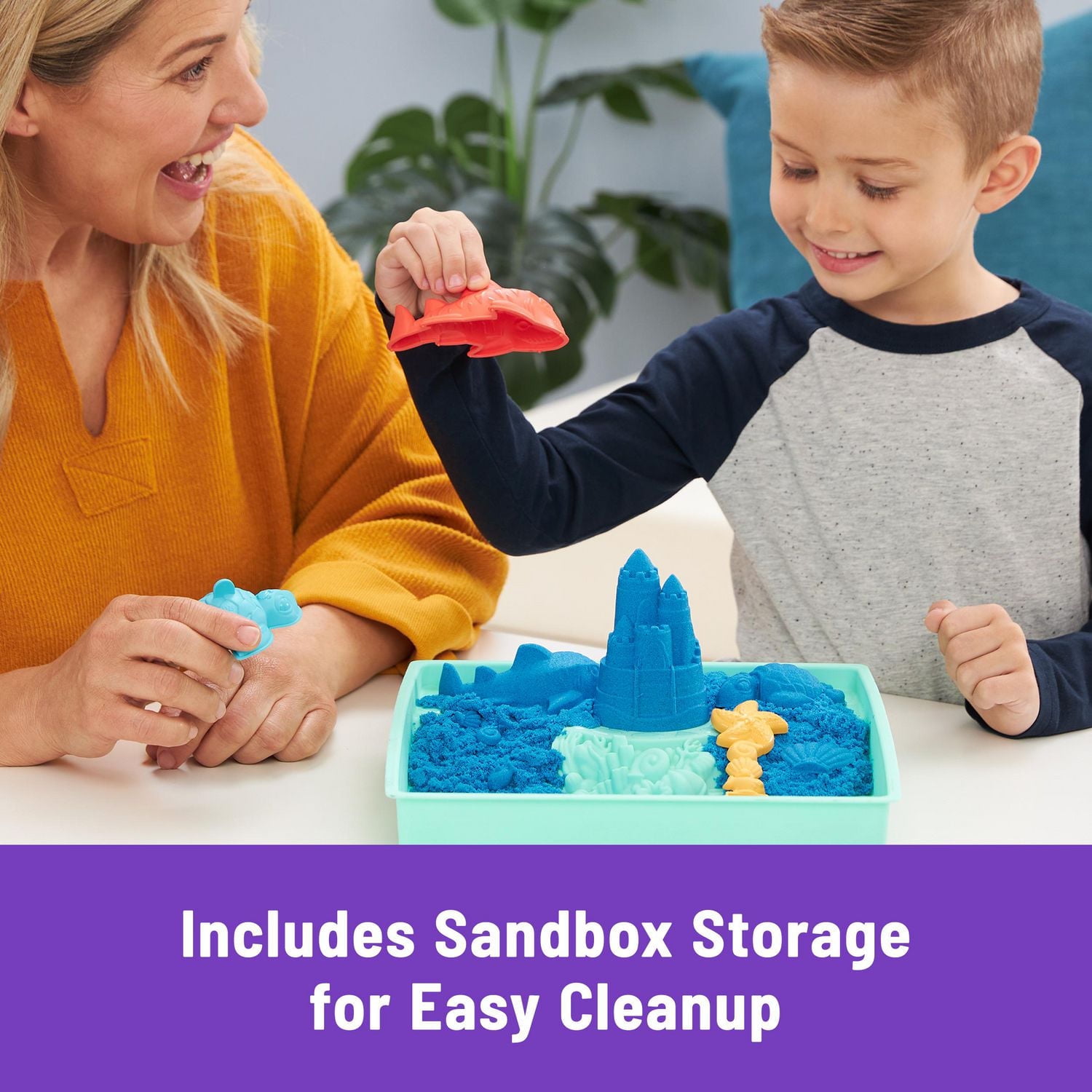 Kinetic Sand Sandbox Set, 1lb Blue Play Sand, Sandbox Storage, 4 Molds and Tools, Sensory Toys for Kids Ages 3+