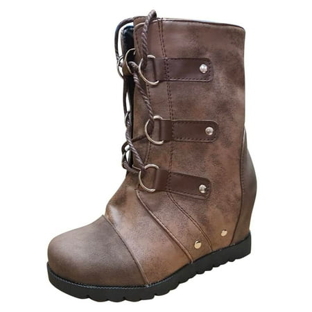 

KBKYBUYZ Womens Comfy Splicing Slope Heel Boots Bandage Round Toe High Heeled Boots Shoes