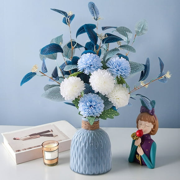 Flores artificiales de hortensia con jarrón | Arreglo floral de seda y plástico | Ramo Mixto Azul Blanco | Olla de cerámica | 15 pulgadas de alto | Decoración de la mesa del salón en casa | Pieza