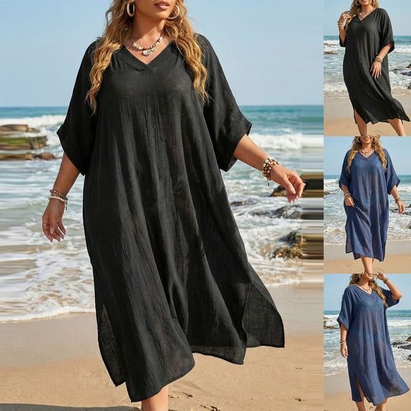 Sentmoon Swimsuit Coverup for Women Swim Cover Up 2026 Summer V Neck Breathable Loose Fit Plus Size Beach Dresses for Work and Weekend