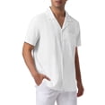 thumbnail image 4 of Camisa de lino para hombre con cuello camp, de manga corta y botones, estilo veraniego para la playa, color blanco, 4 of 6