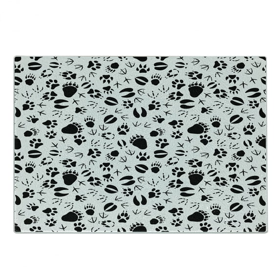 Wildlife Cutting Board, Pattern of Black Tracks Paws Webbed Bird Mammal Leaving Footprints Step Marks, Decorative Tempered Glass Cutting and Serving Board, in 3 Sizes, by Ambesonne