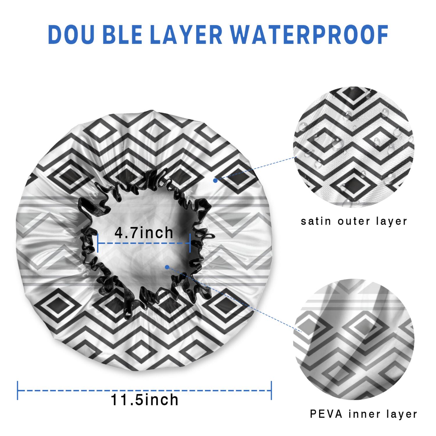Shower Caps,Boho Black and White Geometric Ethnic Pattern Waterproof Shower Cap for Women 4 Pieces,Double Reusable Hair Cover for Shower PEVA Elastic Stretch Hem