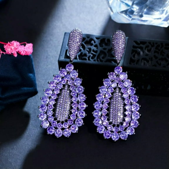 Elegant Round Purple CZ Long Dangle Bridal Earrings for Women Black Gold Jewelry