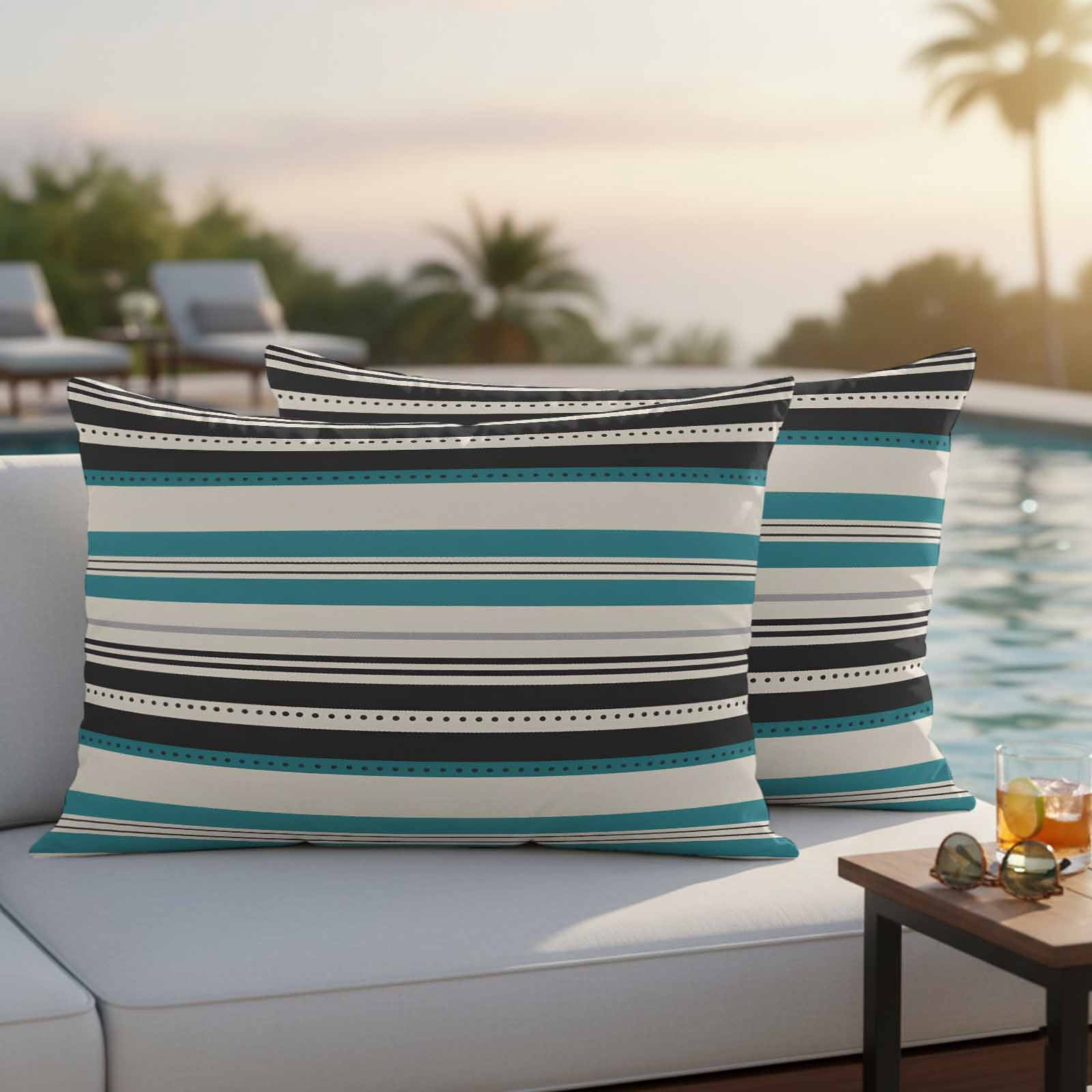 Green Black Grey Striped Outdoor Waterproof Pillow Covers, Farmhouse Vintage Stripe Decorative Rectangle Throw Pillowcase Sofa Cushion Sham for Patio/Couch/Chair, 20"x12" 2 Pack