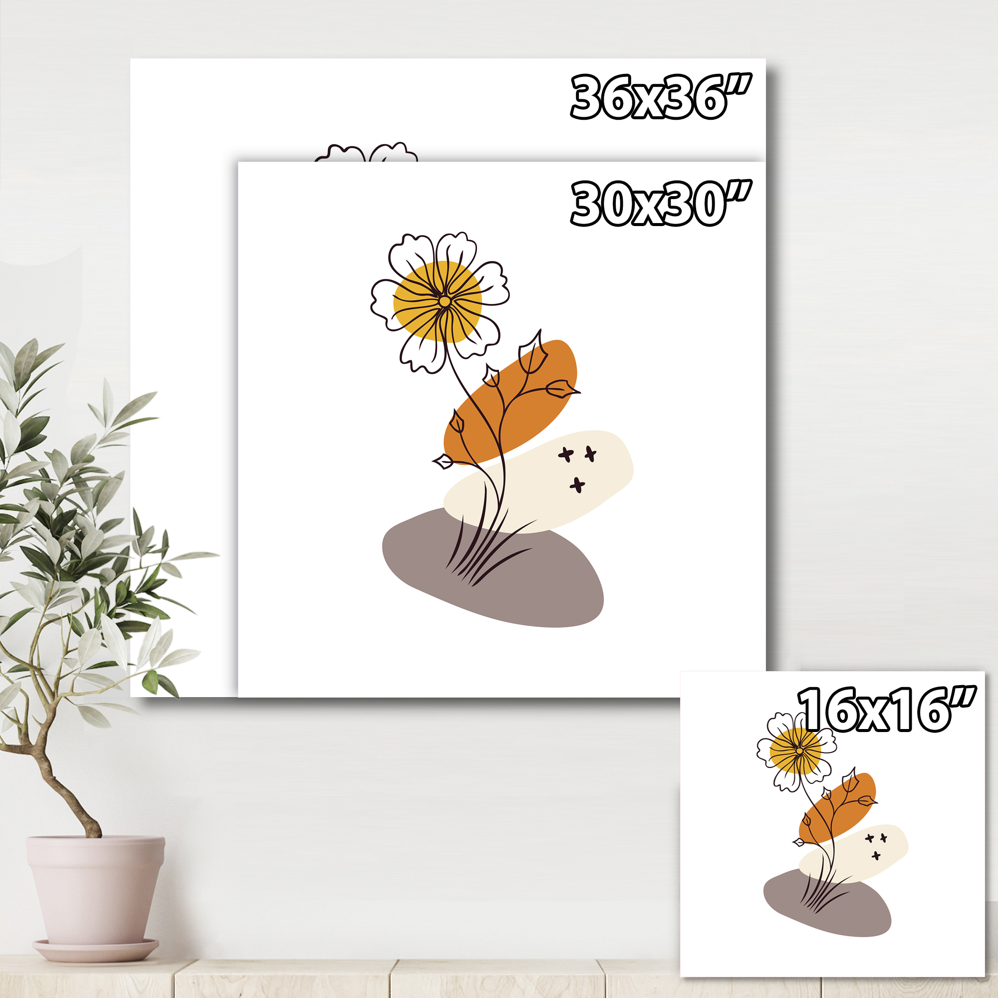 Abstract Minimal Shapes Under Flowers I 30 in x 30 in Painting Canvas Art Print, by Designart