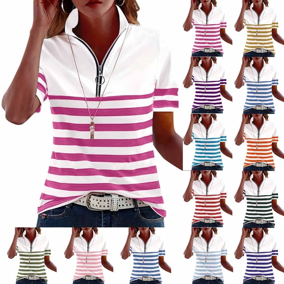 HongQid Women's Striped Quarter Zip Polo Shirt Stand Collar Short Sleeve Stretchy Soft Casual Tee