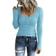 thumbnail image 4 of Prolriy Tops de verano para mujer 2024, camisetas Henley de manga larga para mujer, camisetas ajustadas con botones y cuello redondo, camisetas de punto acanalado, camisetas para mujer, azul claro M, 4 of 7