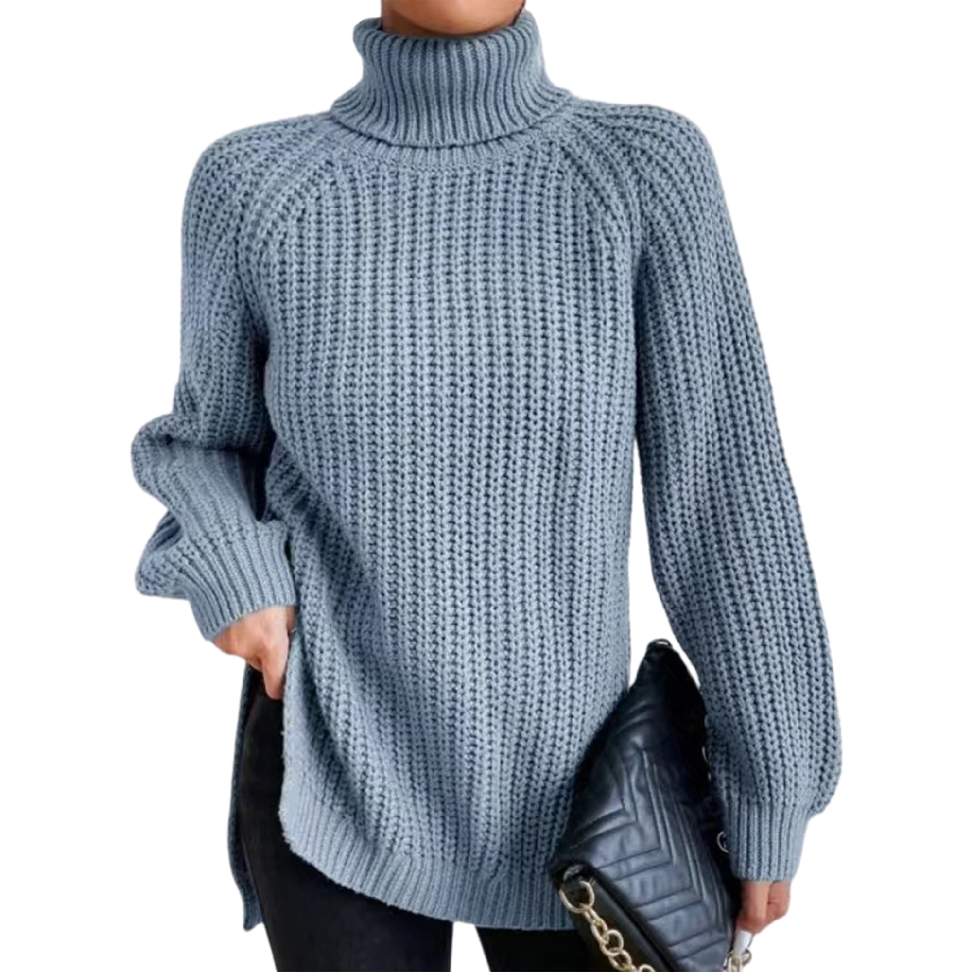 Sexy Dance Ladies Jumper Tops Long Sleeve Sweater Turtleneck Knitted Sweaters Casual Pullover Chunky Knit Light Blue L