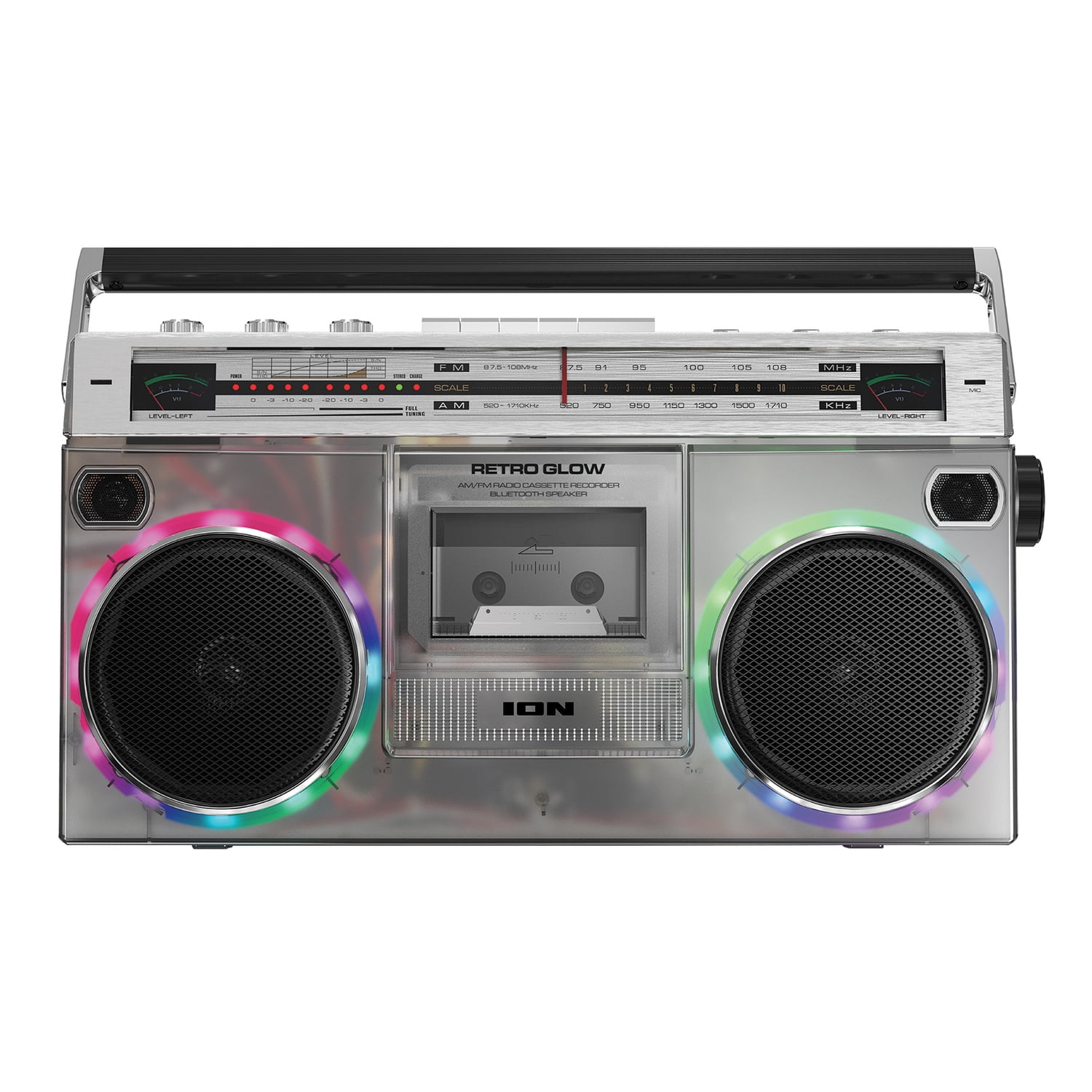 ION Retro Glow Bluetooth Cassette/Radio Boom Box with LED Lights, Translucent, RETROGLOWXUS
