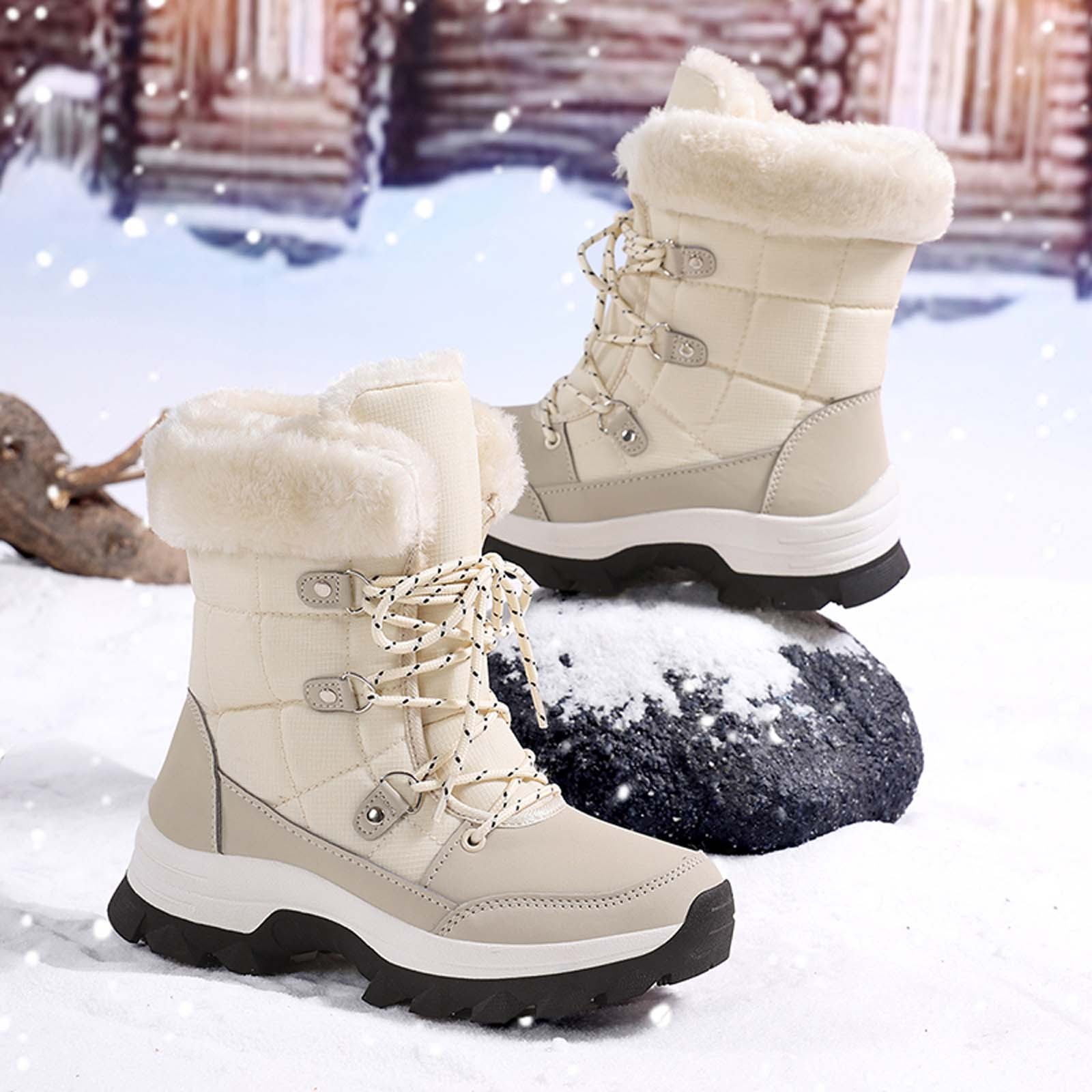 Gyexs Womens Winter Snow Boots Waterproof Shoes Walking Comfortable Hiking Tennis Booties Furry Mid Calf Warm Lightweight Sports Shoes, Beige, Size 6.5