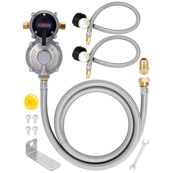 RV 2-Stage Auto Changeover LP Propane Gas Regulator with 48" Stainless Braided Regulator Hose & Dual 18" Pigtails Propane Hoses with Gauge Ideal for RVs, Campers, Trailers