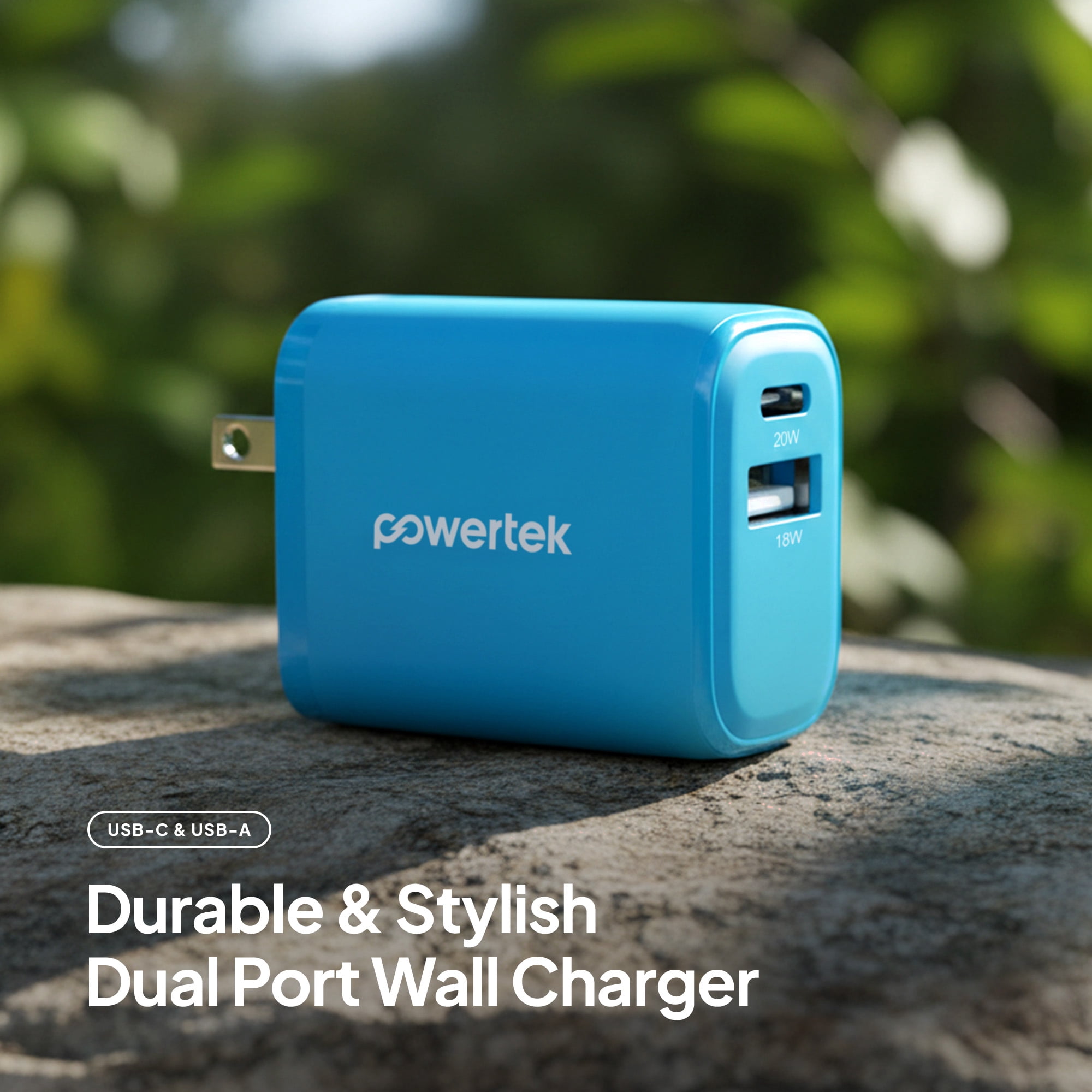 Powertek 20W USB-C PD + USB-A Dual Port Wall Charger, Blue