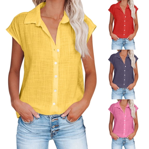 Auralook Women's Short Sleeve Shirts V-Neck Solid Button Casual Tops Summer Fashion Trendy Loose T-Shirts