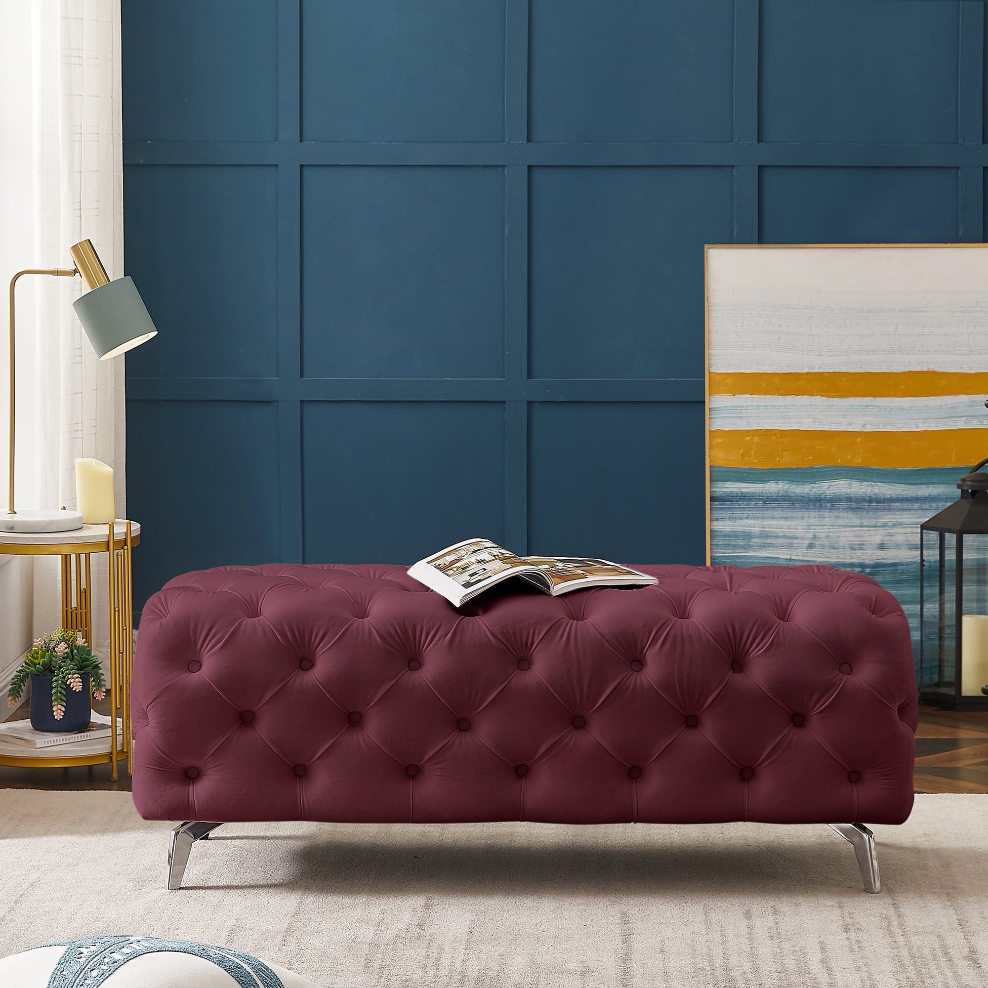 Kepooman 51 Inches Modern Velvet Bedroom Bench, Button-Tufted Upholstered Ottoman End of Bed Bench for Entryway Living Room Bedroom, Red Kepooman 51 Inches Modern Velvet Bedroom Bench, Button-Tufted Upholstered Ottoman End of Bed Bench for Entryway Living Room Bedroom, Red