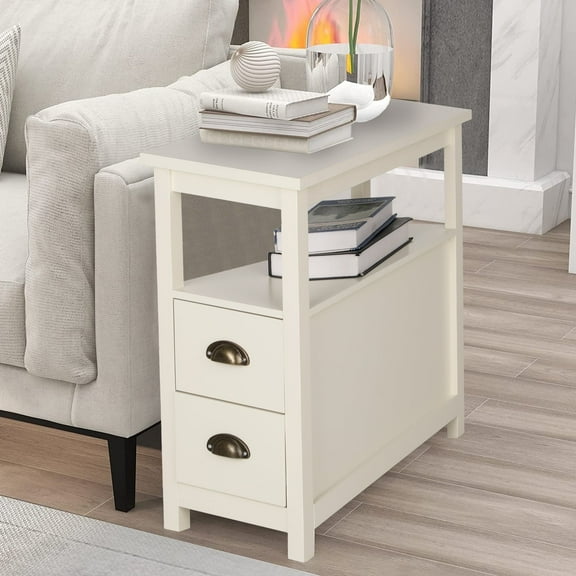 Alpha Joy Narrow End Table 4-Tier Small Side Table with 2 Drawers Nightstand Side Table Bedside Table Sofa Table, White, 1PC