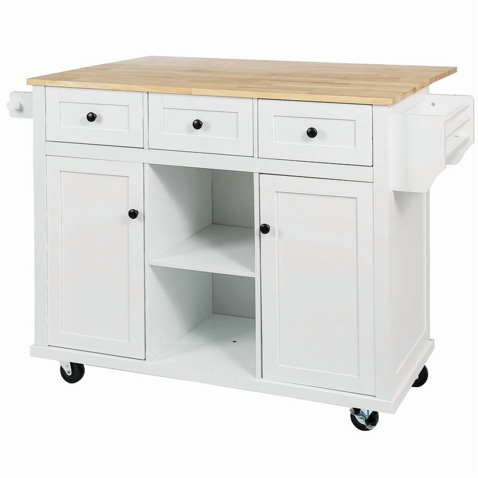 HICOMILA Kitchen Island Cart with Drop Leaf, Rolling Kitchen Island on Wheels with Storage Cabinet, Rubber Wood Countertop, 5 Drawers & Cabinet Door Storage Racks, White