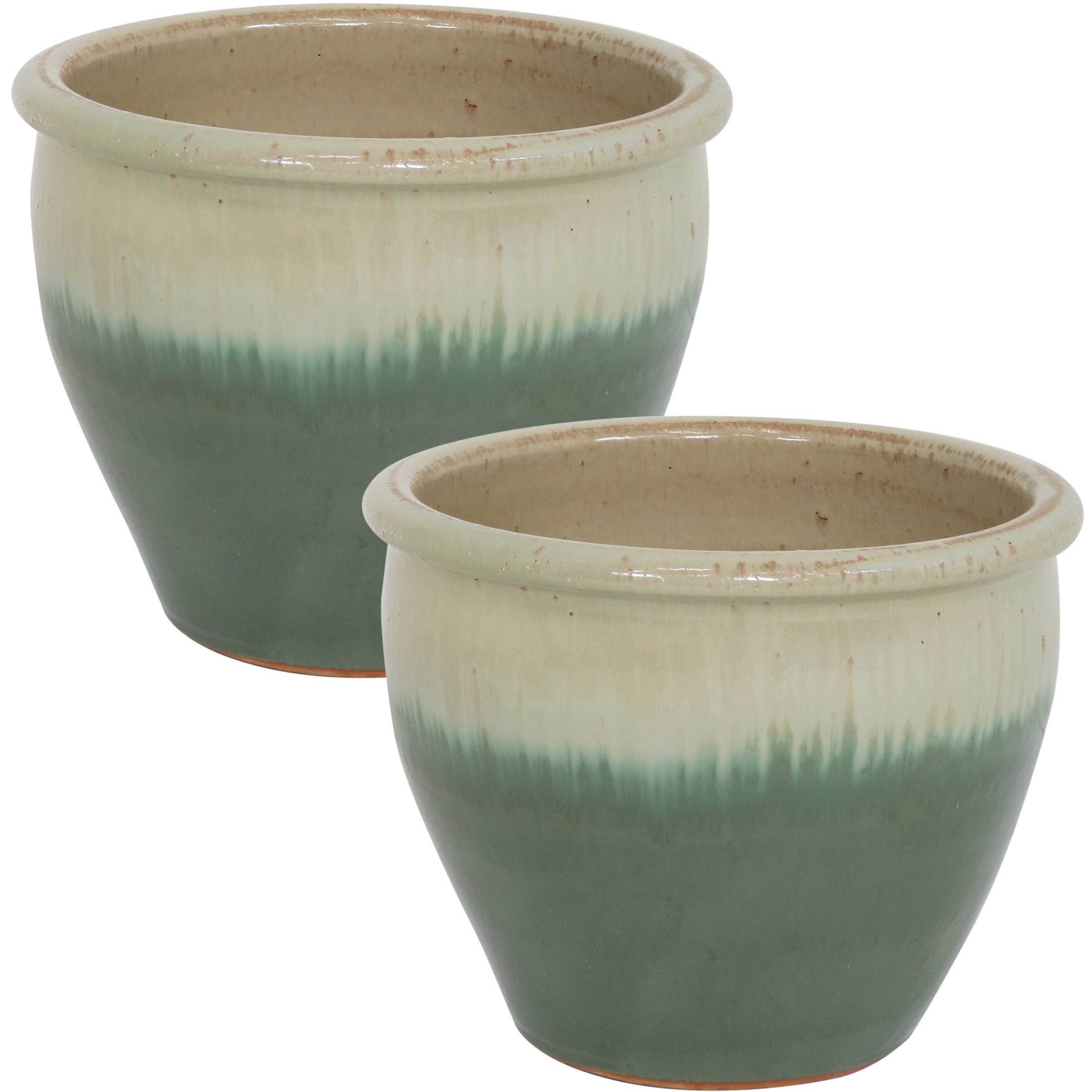 Sunnydaze Chalet 11.75" x 11.75" x 9.5" Round Seafoam Ceramic Outdoor Planter 2-Count