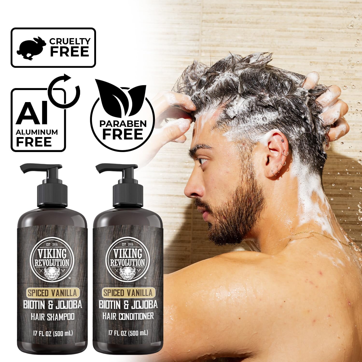 Viking Revolution Spiced Vanilla Mens Shampoo and Conditioner Set with Biotin and Jojoba Oil (17 Oz)