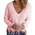 thumbnail image 2 of Pull Décontracté à Col en V pour Femmes, Ourlet Frangé, Couleur Unie, Rose, 2 of 6