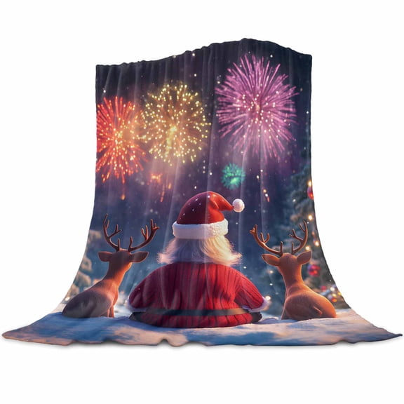 Santa Claus Flannel Blanket for Bed,Travel and Camping, Reindeer Fireworks Tree Christmas Dreamy Super Soft Cozy Blanket for All Seasons 30"x40"