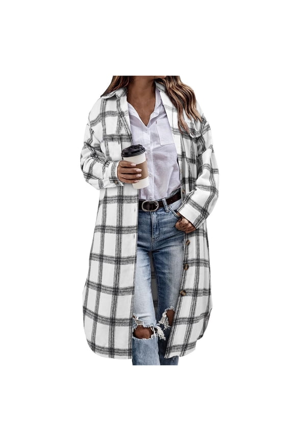 Long Jackets for Women Casual Loose Lightweight Plaid Shacket Fall Winter Fashion Outerwear Long Sleeve Button Down Coats