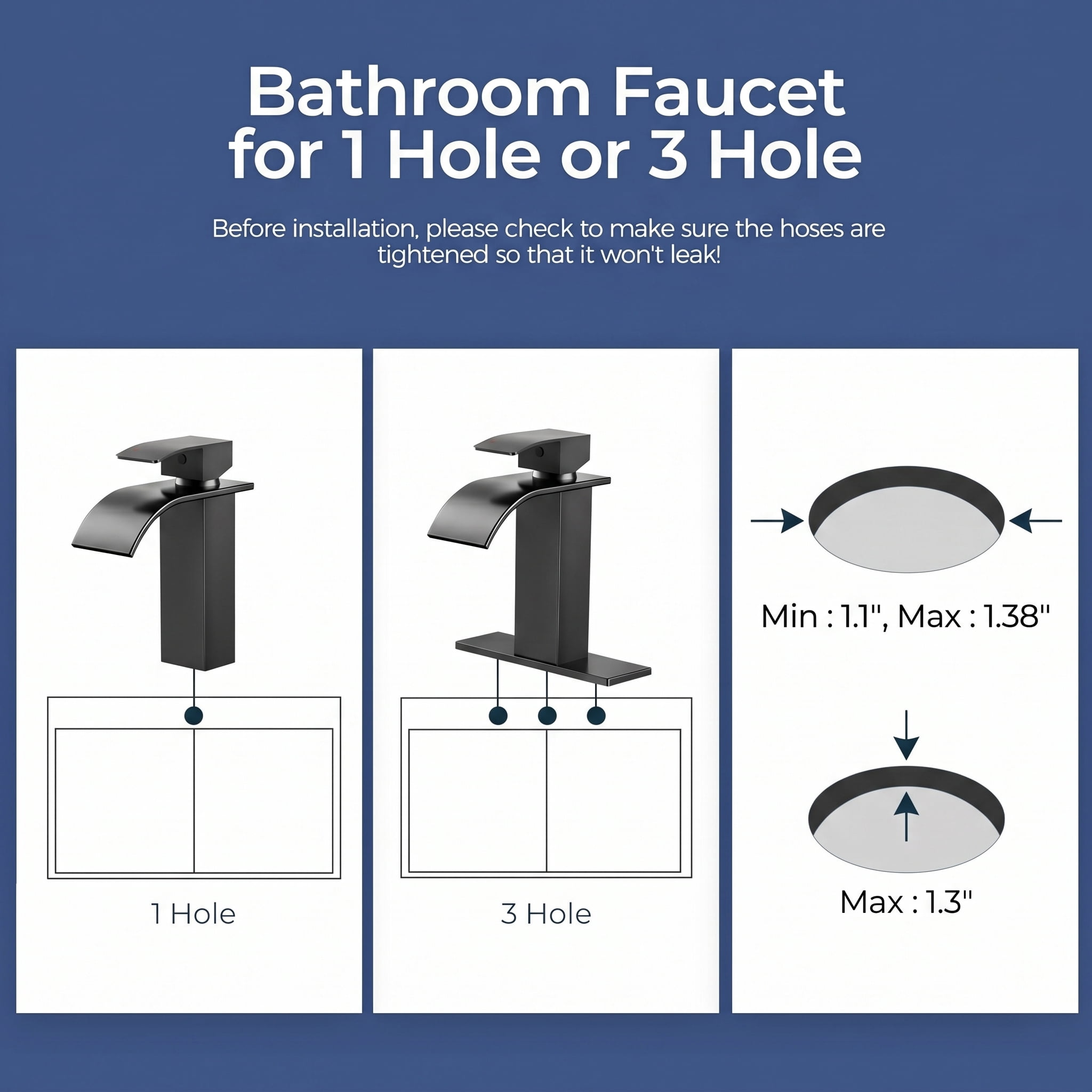 TVOFEK Black Waterfall Bathroom Faucet 1 or 3 Hole, Single Handle Bathroom Sink Faucet with Deck and Pop-up Drain for Lavatory Washbasin