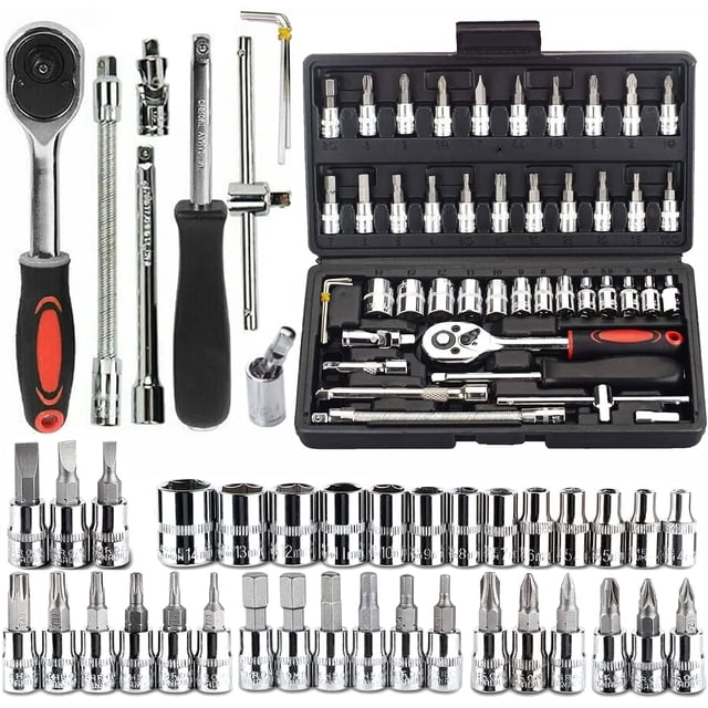 46-In-1 Tool Kit & Screwdriver | 1-4'' Square Drive Metric Socket Set | Extension Bar & Adapter For Bike, Car Repairs - 46 Pieces | Chrome Vanadium Steel | Household Maintenance, Work