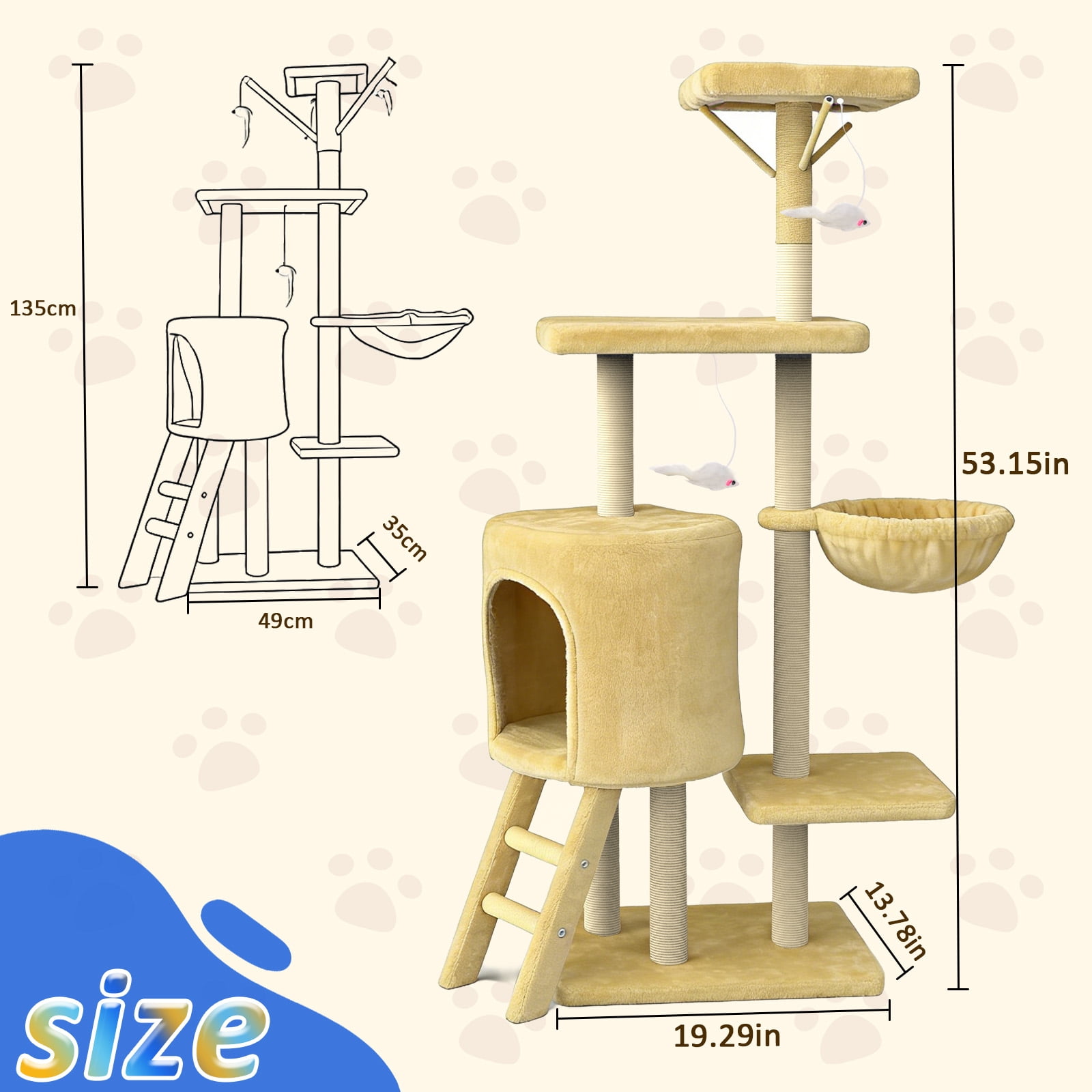 Cat Tree, 53in Cat Tower with Sisal Scratching Posts, Climbing Ladder, Hanging Toys, Pet House Furniture for Indoor Kittens, Beige