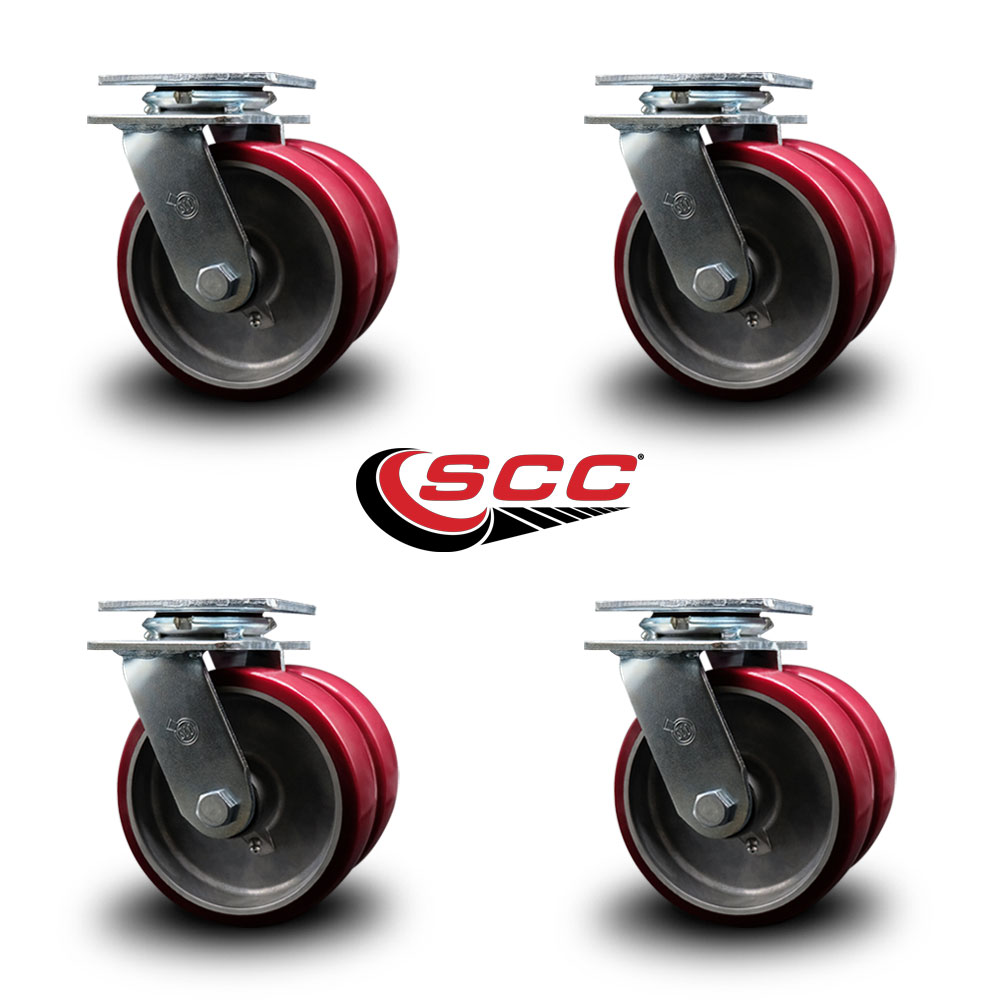 6 Inch Dual Poly on Aluminum Wheels Swivel Caster Set with Roller Bearings SCC