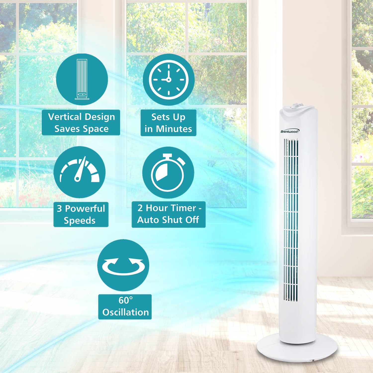 Brentwood 32-In. 3-Speed Portable Oscillating Tower Fan with Timer, F-32T (White), F-32TW