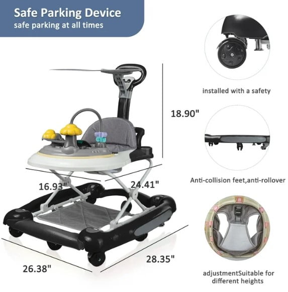 LHUAI Baby Walker With Bouncer, Removable Footrest, Feeding Tray & Music, Foldable & Adjustable Activity Walker For Boys And Girls, Toddler Infant, Black