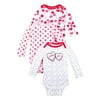 Little Star Organic Baby Girl 3 Pk Valentine's Day Long Sleeve Bodysuits, Size Newborn-24 Months
