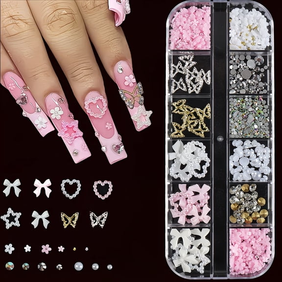 3D Nail Charms Jewelry Set - Elegant Gold & Silver Butterfly, Bow, Heart & Floral Nail Art Accessories with Rhinestones, Pearls & Diamonds for DIY Decoration