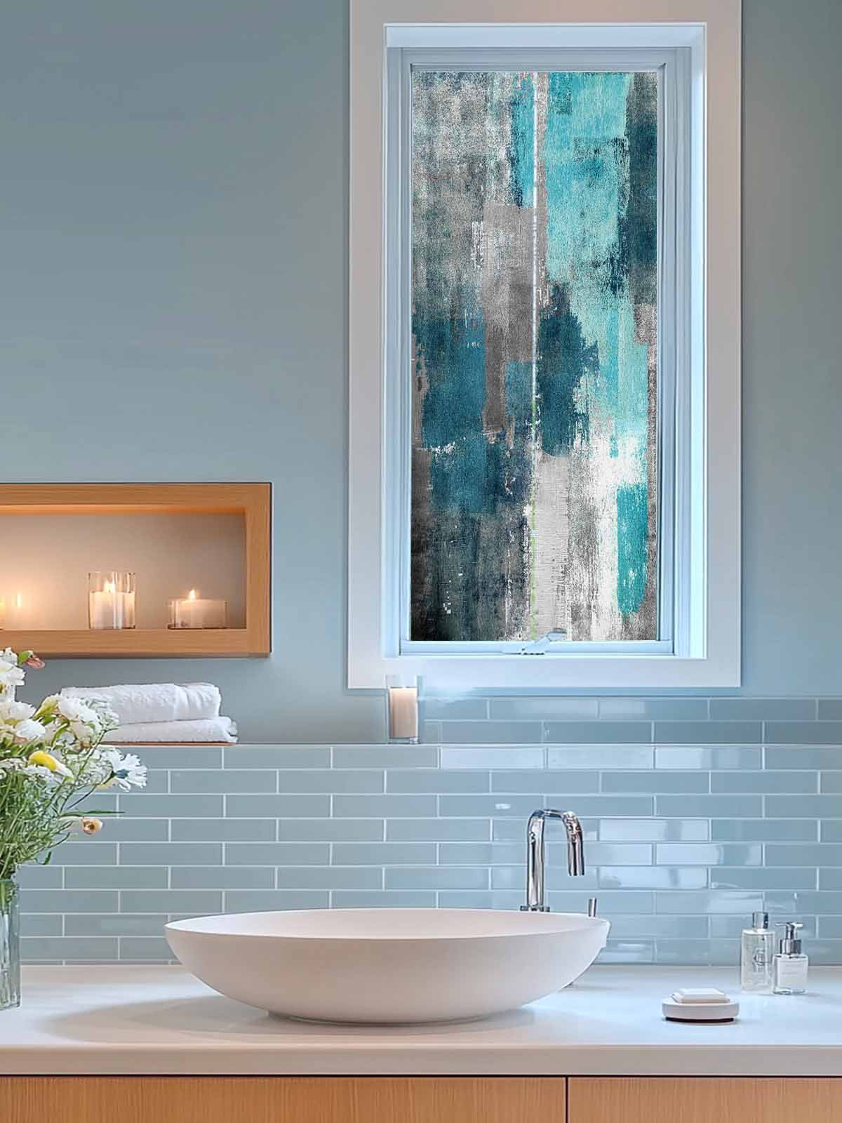 Teal Grey Privacy Window Film, Decorative Frosted Glass Window Film, Modern Oil Painted Abstract Art Aesthetics Reusable Peel and Stick Static Cling for Home Bathroom Office Glass Door 17.7"x39.3"