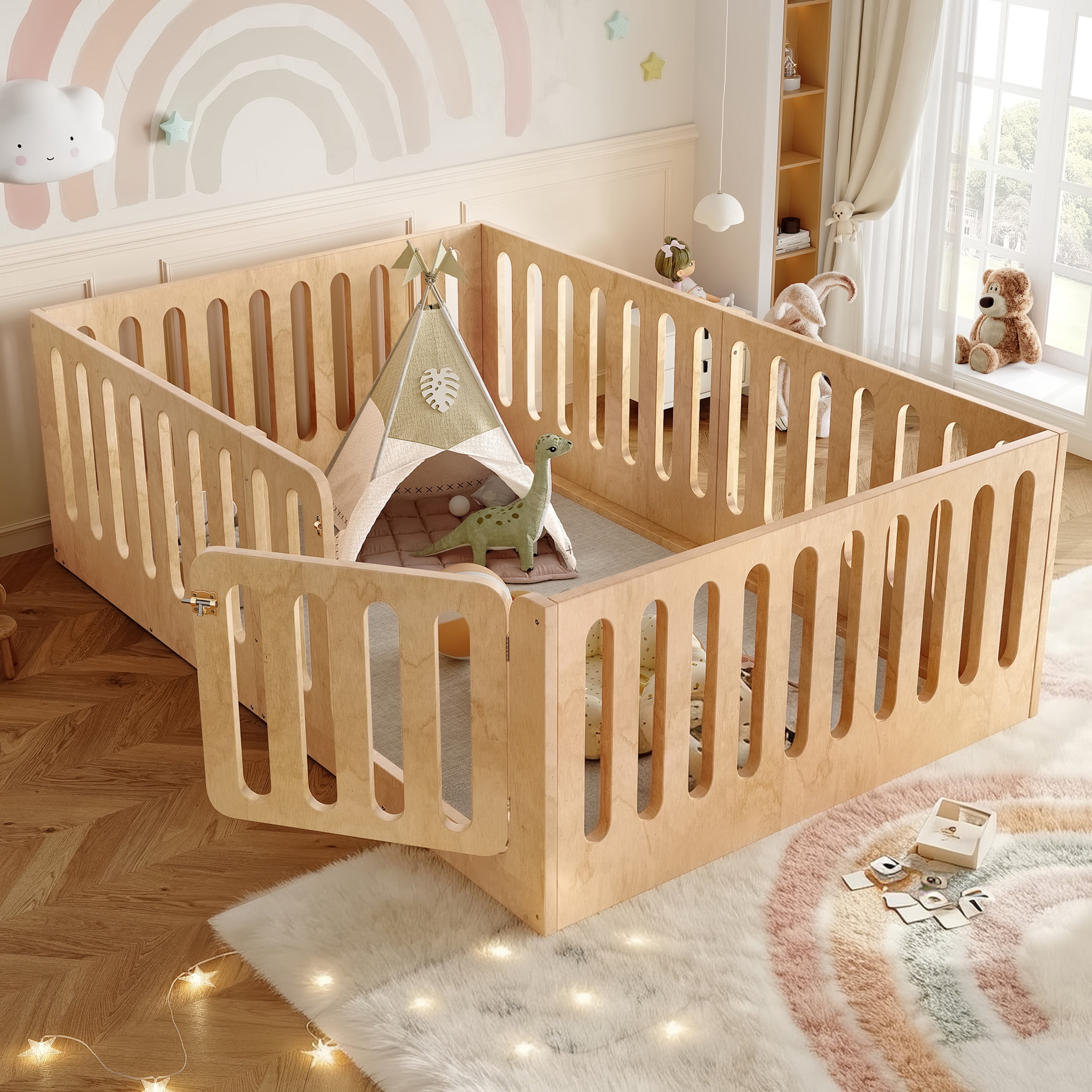 Noble House Full Size Montessori Floor Bed with High Fence, Solid Wood Kids Bed Frame, Natural