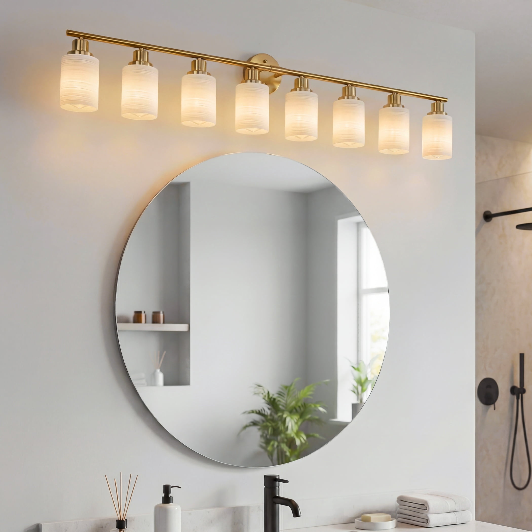 52" Modern 8-Light Vanity Wall Sconce,Gold Bathroom Vanity Light Fixture Over Mirror, Frosted Glass Vanity Lights for Bathroom, Hallway, Powder Room, Bathroom Lights Over Mirror (Bulbs Not Included)