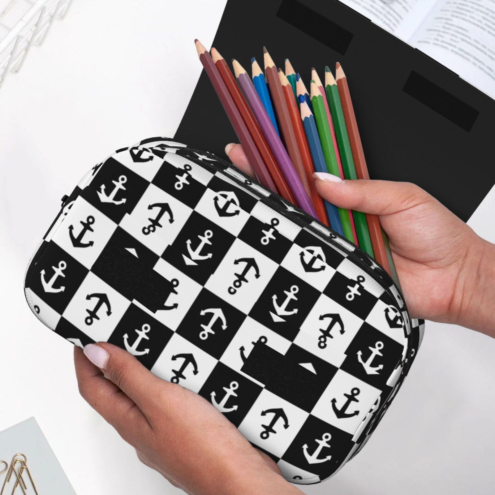 Rateoe Nautical Anchors1 Pattern Double Clamshell Pen Case, Storage Organizer with Two Zipper Compartments– Holds Up to 50 Pencils & Pens