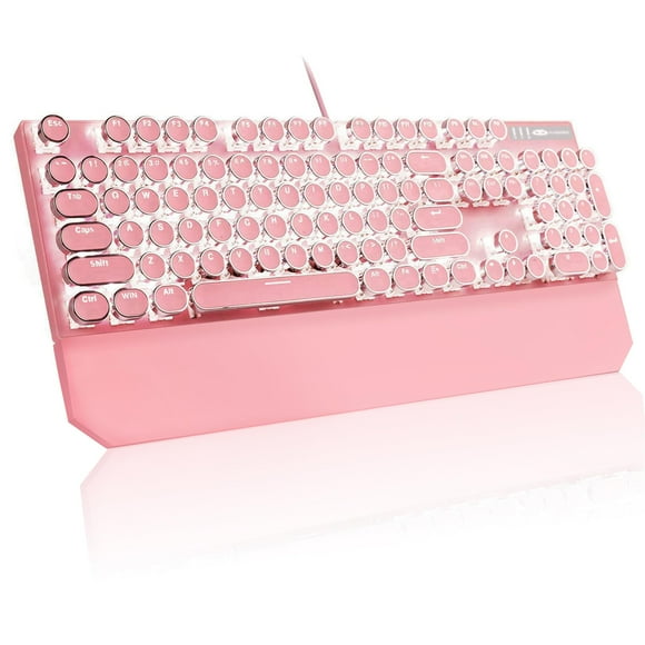 MageGee Typewriter Mechanical Gaming Keyboard, Retro Pink Punk Round Keycaps LED White Backlit Wired Keyboards with Detachable Wrist Rest for Game and Offi