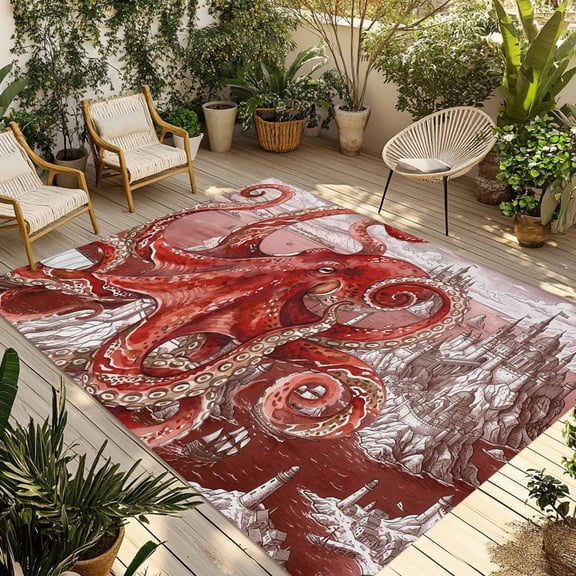 Ocean Red Octopus Outdoor Rug for Patio/Deck/Porch, Non-Slip Large Area Rug 5 x 8 Ft, Nautical Castle Coastal Lighthouse Indoor Outdoor Rugs Washable Area Rugs, Reversible Camping Rug Carpet Runner