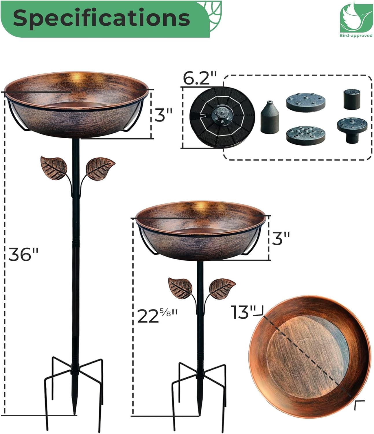 Metal Bird Bath with Solar Fountain - 13" Large Outdoor Birdbath Bowl + 6.3" Solar Pump with Battery & LED Lights | 1.4 Gallon Garden Bird Bath for Yard, Lawn, Patio, Flowing Water Feature